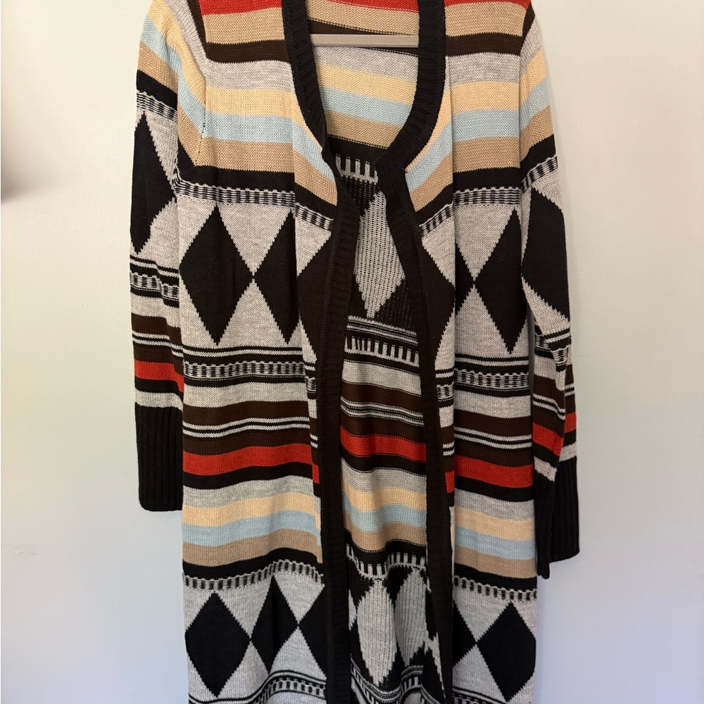 Open-Front Geometric Knit Cardigan - Black, Cream & Red
